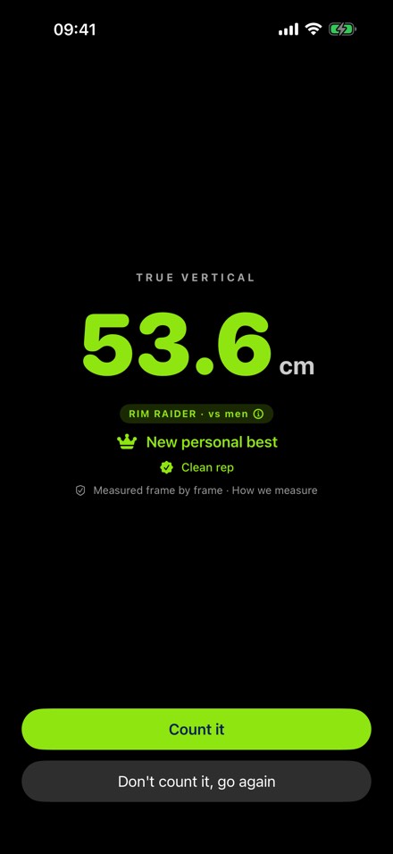 A Dunkable result screen showing a True Vertical of 53.6cm in large lime numerals, marked as a new personal best and a clean rep.