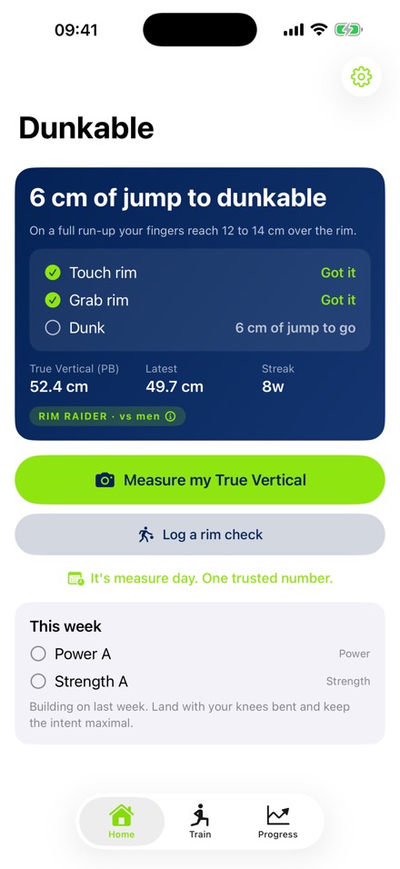 The Dunkable home screen, showing 6cm of jump to dunkable, a ladder of touch rim, grab rim and dunk with the first two ticked, and a True Vertical personal best of 52.4cm.