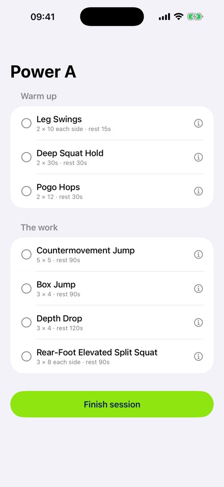 A Dunkable session screen for Power A, listing a warm up of leg swings, deep squat holds and pogo hops, then countermovement jumps, box jumps, depth drops and split squats with sets, reps and rest times.